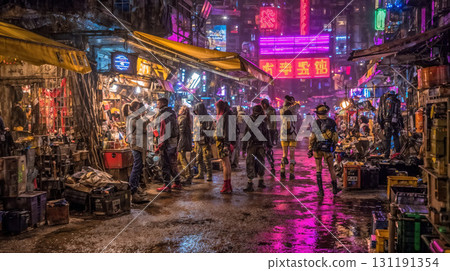 A colorful, futuristic cyberpunk city at night with neon lights, reflections on wet pavement, and people walking through a bustling street market 131191354