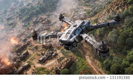 Advanced military drone aircraft flying over mountainous terrain with explosive combat action, showcasing futuristic warfare technology and aerial mission capability Advanced military drone aircraft flying over mountainous terrain with explosive combat action, showcasing futuristic warfare technology and aerial mission capability 131191380