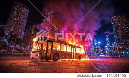 Dramatic scene of burning city bus engulfed in flames with colorful smoke against illuminated urban skyline at night creating intense atmosphere 131191400