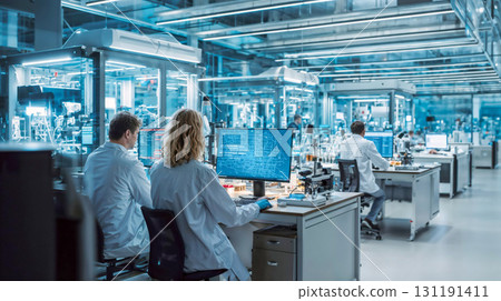 Two scientists in white lab coats work together at computer analyzing data in modern high-tech laboratory with blue lighting and equipment 131191411