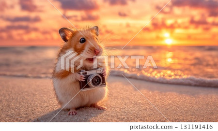 Adorable hamster holding vintage camera on beach during golden sunset, creating whimsical and charming wildlife photography concept with warm lighting 131191416