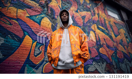 Young man in vibrant orange tracksuit and white hoodie poses confidently against colorful graffiti wall in urban street setting during golden hour light Young man in vibrant orange tracksuit and white hoodie poses confidently against colorful graffiti wall in urban street setting during golden hour light 131191419