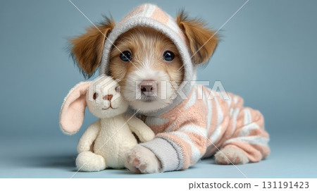 A cute puppy in a striped hoodie, hugging a stuffed bunny on a blue background 131191423