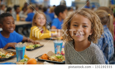 Happy young girl smiling at camera during school lunch time in bright cafeteria with healthy meal and diverse students in background 131191555