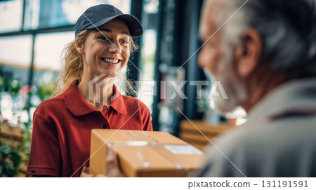 Smiling female delivery worker in red uniform and cap handing package to customer in bright modern indoor setting with friendly professional service 131191591