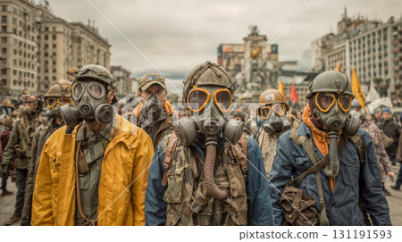 People wearing gas masks gather in an urban square during a protest or emergency drill with city buildings visible in the overcast background 131191593