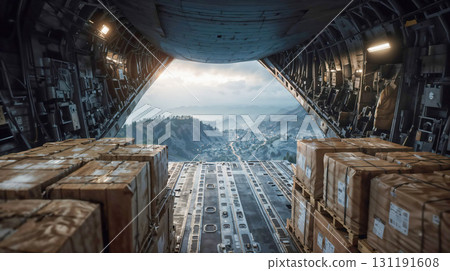 Cargo aircraft interior loaded with humanitarian supply boxes flying over mountainous landscape, delivering emergency aid to remote communities below Cargo aircraft interior loaded with humanitarian supply boxes flying over mountainous landscape, delivering emergency aid to remote communities below 131191608