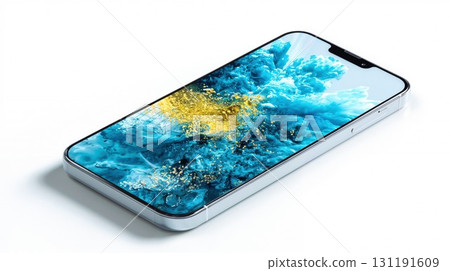 Sleek smartphone with vibrant blue and gold abstract fluid art wallpaper displaying dynamic swirling colors and particles on white background 131191609