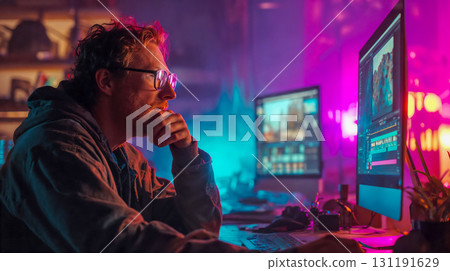 Focused programmer working late night on multiple computer screens with colorful neon lighting in modern home office setup. Technology professional coding and developing software 131191629
