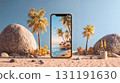 Smartphone displaying tropical beach scene placed on sandy shore with palm trees and rocks. Mobile photography concept showcasing vacation destination through device screen 131191630