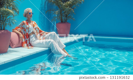 Stylish woman in colorful kimono relaxing poolside with feet in crystal blue water at luxury resort spa vacation destination 131191632