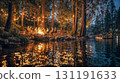 Friends gathered around campfire by lake at twilight with string lights creating magical atmosphere for outdoor adventure and bonding experience 131191633