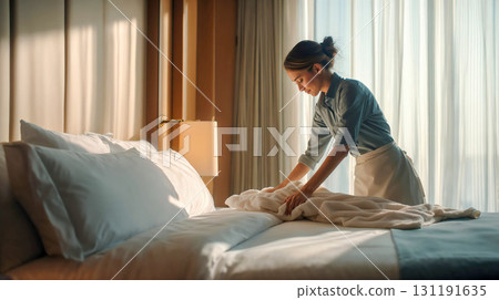 Professional hotel housekeeping staff carefully arranging fresh white towels on luxury hotel bed in elegant room with natural window lighting and modern decor 131191635