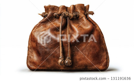 Vintage brown leather drawstring pouch bag with rustic rope ties and weathered texture isolated on white background for historical or western themed projects 131191636