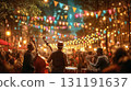 Street musicians performing jazz music with saxophone, double bass and drums at festive evening celebration with colorful lights and bunting decorations overhead 131191637
