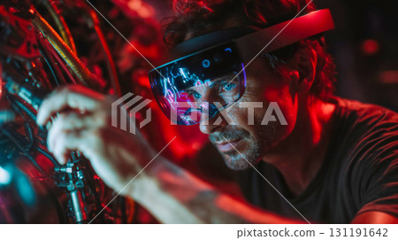 Man in futuristic VR headset with holographic display surrounded by red neon lights in cyberpunk tech environment. Digital innovation concept 131191642