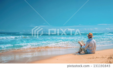 Man reading book on pristine tropical beach with turquoise waves and golden sand under clear blue sky, perfect peaceful vacation moment 131191643