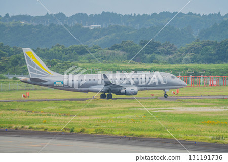 一架飛機在牧之原市（靜岡縣）富士山靜岡機場的跑道上行駛 131191736