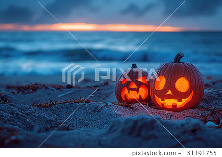 Seaside Jack-o'-lantern Halloween pumpkin lantern fantasy landscape illustration material 131191755