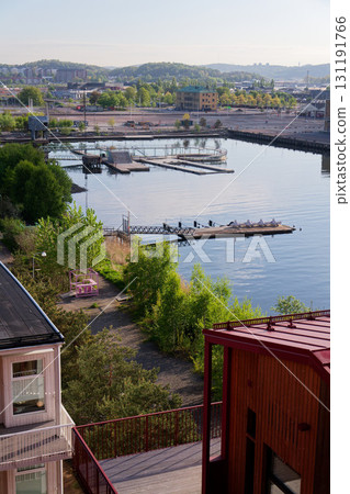 Floating swimming pools with sauna at Allmanna harbour bath in Frihamnen, Gothenburg, Sweden, sunny day 131191766