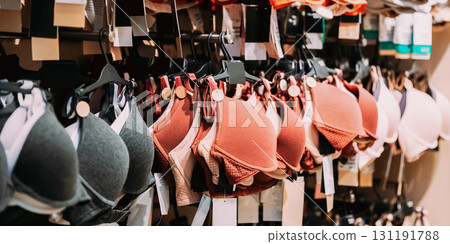 Female Woman Bra Brassiere On Hanger In Store Of Shopping Center Female Woman Bra Brassiere On Hanger In Store Of Shopping Center 131191788