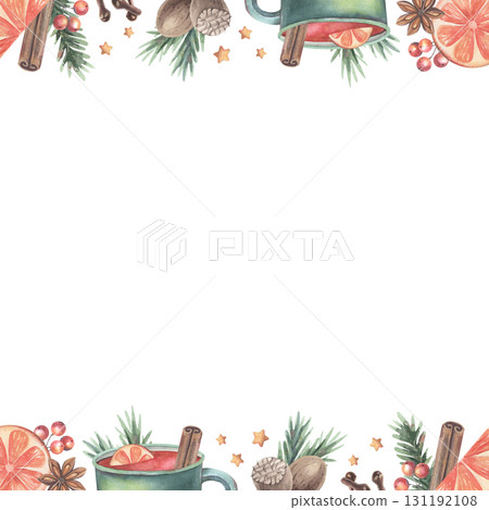 Frame with mulled wine ingredients: spices, orange slices, berries, stars. Hand-painted watercolor illustration isolated on white for holiday cards, invitations, menus, posters, prints, seasonal decor 131192108