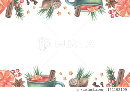 Frame with mulled wine ingredients: spices, orange slices, berries, stars. Hand-painted watercolor illustration isolated on white for holiday cards, invitations, menus, posters, prints, seasonal decor 131192109