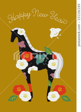 新年素材：一張華麗時尚的新年賀卡，上面有馬、山茶花和千鳥（馬年） 131192193