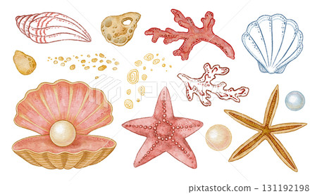 Seashell with pearl and starfish set in watercolor and hand drawn colored pencil sketch style. Red coral with sandy stone detail in outline. Great for marine summer print or card and coastal project. Seashell with pearl and starfish set in watercolor and hand drawn colored pencil sketch style. Red coral with sandy stone detail in outline. Great for marine summer print or card and coastal project. 131192198