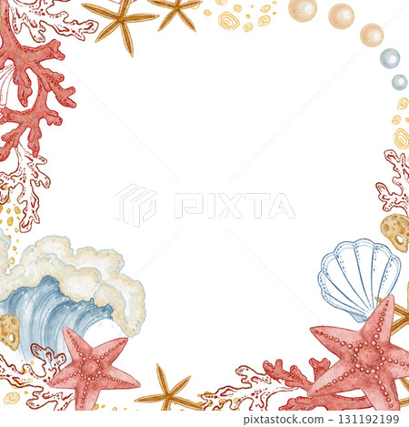 Square frame of blue wave and pearl in watercolor style. Hand drawn line art with red starfish and coral in colored pencil sketch. Great for summer card template. Perfect for nautical coastal print. 131192199