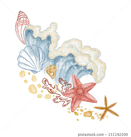 Starfish with seashell and blue wave watercolor design. Hand drawn line art with sand and coral in colored pencil style. Great for summer travel card or holiday print. Perfect for coastal project. 131192200