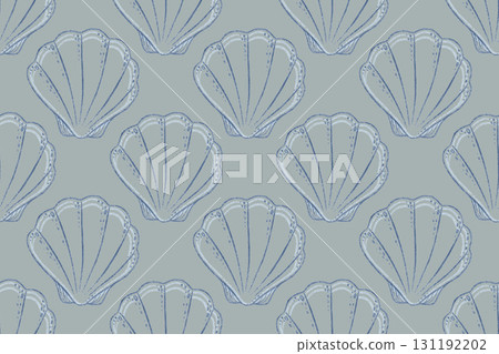 Seamless pattern with outline texture of blue shell on gray background. Hand drawn line art in colored pencil with simple detail. Great for fabric or wallpaper. Perfect for nautical print design. Seamless pattern with outline texture of blue shell on gray background. Hand drawn line art in colored pencil with simple detail. Great for fabric or wallpaper. Perfect for nautical print design. 131192202