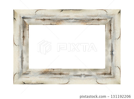 Aged white wooden photo frame with craquelures, cracked paint texture and vintage feel. Single object isolated illustration hand drawn in watercolor. Rustic decor, romantic template, cottage crafts Aged white wooden photo frame with craquelures, cracked paint texture and vintage feel. Single object isolated illustration hand drawn in watercolor. Rustic decor, romantic template, cottage crafts 131192206