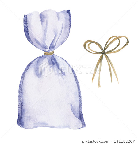 Simple fabric linen sachet potpourri lavender bag tied with jute string, raffia bow. Isolated illustration hand drawn in watercolor. Bath ritual, vintage spa kit, bridal favors, DIY gift packaging. 131192207