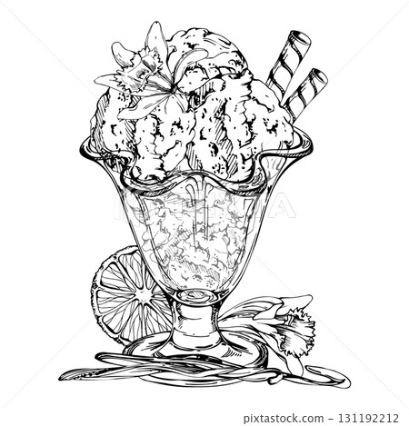 Ice cream gelato balls with orange slice, vanilla flowers seed pods, rolled wafer sticks in glass sundae tulip bowl. graphic illustration hand drawn in vector ink. Natural food wrap, product visual Ice cream gelato balls with orange slice, vanilla flowers seed pods, rolled wafer sticks in glass sundae tulip bowl. graphic illustration hand drawn in vector ink. Natural food wrap, product visual 131192212