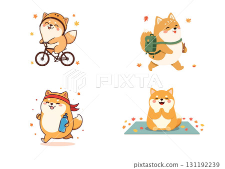 秋季柴犬和運動插圖/放鬆和健康人物材料（A4（橫向）） 131192239