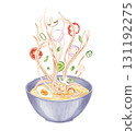 Flying boiled noodle and chopped vegetable ingredients in soup bowl watercolor illustration. Tomatoes, onions, beans, green pea, mushrooms, pepper, egg half. Healthy vegetarian food for menu. 131192275