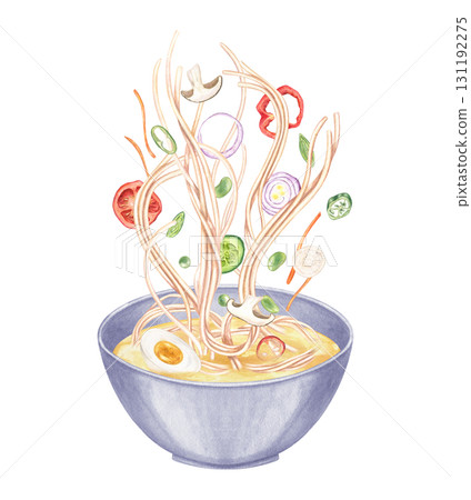 Flying boiled noodle and chopped vegetable ingredients in soup bowl watercolor illustration. Tomatoes, onions, beans, green pea, mushrooms, pepper, egg half. Healthy vegetarian food for menu. Flying boiled noodle and chopped vegetable ingredients in soup bowl watercolor illustration. Tomatoes, onions, beans, green pea, mushrooms, pepper, egg half. Healthy vegetarian food for menu. 131192275