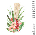 Ramen soup ingredients with seafood watercolor illustration on isolated background. Raw noodles, boiled shrimps, red chili, green bean pods, asparagus, tomato slice, parsley. For food blogs, recipe. 131192276