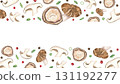 Shiitake mushrooms, peppercorn seeds, green leek slices watercolor horizontal border on isolated background. Hand painted Asian mushroom ingredients with spice frame for recipe, organic food packaging 131192277