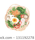 Boiled noodles serving with shiitake, egg, broccoli floret, carrot slices, radish, pepper and tomato watercolor illustration on isolated background. Vegetarian pasta dish with vegetables 131192278