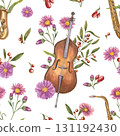 Watercolor contrabass, saxophone among autumn blooming chrysanthemum and decorative berry plant seamless pattern on isolated background. Musical instruments, aster flower, evergreen cotoneaster. 131192430