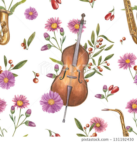 Watercolor contrabass, saxophone among autumn blooming chrysanthemum and decorative berry plant seamless pattern on isolated background. Musical instruments, aster flower, evergreen cotoneaster. 131192430