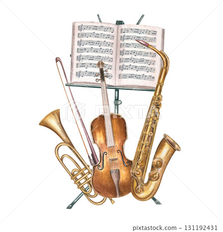Music instruments and black metal stand with open music notebook watercolor illustration on isolated background. Classical trumpet, saxophone, violin and musical sheets on tripod for concert poster 131192431