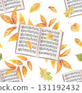 Open music notebook with staff and notes on yellow orange ash leaves watercolor illustration on isolated background. Music paper of book with note stave grid and autumn golden walnut branch. 131192432