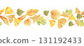 Watercolor autumn colored leaves seamless banner on isolated background. Fall golden and yellow green oak, aspen, ginkgo, linden, poplar, ash leaf illustration for design, decoration, textile. 131192433