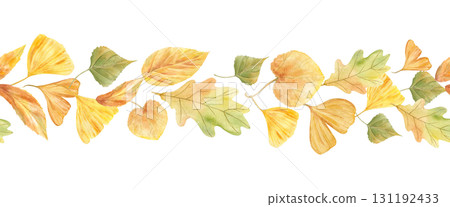 Watercolor autumn colored leaves seamless banner on isolated background. Fall golden and yellow green oak, aspen, ginkgo, linden, poplar, ash leaf illustration for design, decoration, textile. Watercolor autumn colored leaves seamless banner on isolated background. Fall golden and yellow green oak, aspen, ginkgo, linden, poplar, ash leaf illustration for design, decoration, textile. 131192433