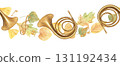 Flying brass French horn on autumn leaves horizontal seamless banner on isolated background. Musical wind instrument and fall golden oak, ginkgo, linden, poplar, ash leaf watercolor illustration. 131192434