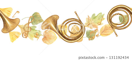 Flying brass French horn on autumn leaves horizontal seamless banner on isolated background. Musical wind instrument and fall golden oak, ginkgo, linden, poplar, ash leaf watercolor illustration. 131192434