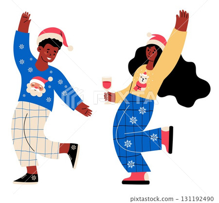 Christmas Happy Ethnic Dancing Man with Woman in Santa Hats. Isolated New Year characters In Xmas sweater with bear and Santa Claus, holiday fun and party. Vector Illustration. Not AI 131192490